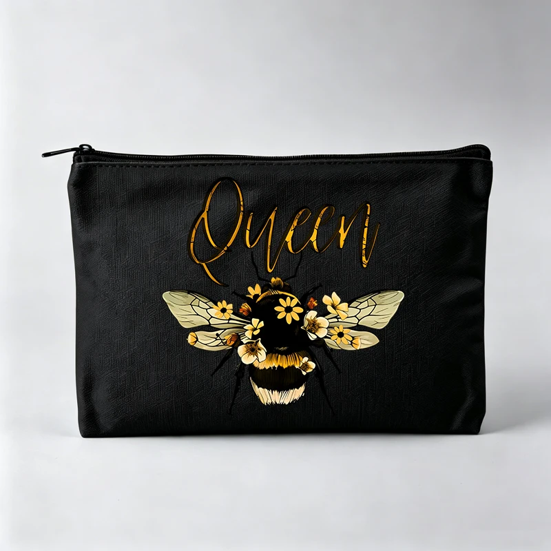 Women's Bee and Floral Graphic Makeup Bag with Gold Typography, Fashion Cosmetic Pouch for Daily Use