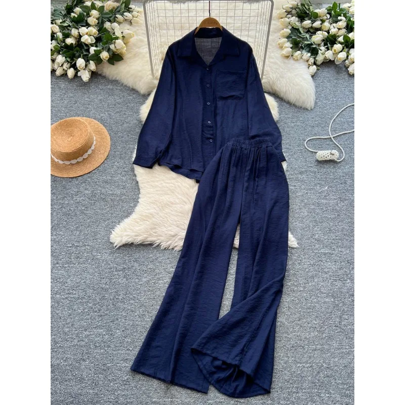 

SuperAen Casual Suit Women's Loose Pocket Design Long-sleeved Shirt High Waist Wide Leg Straight Pants Two-piece Set