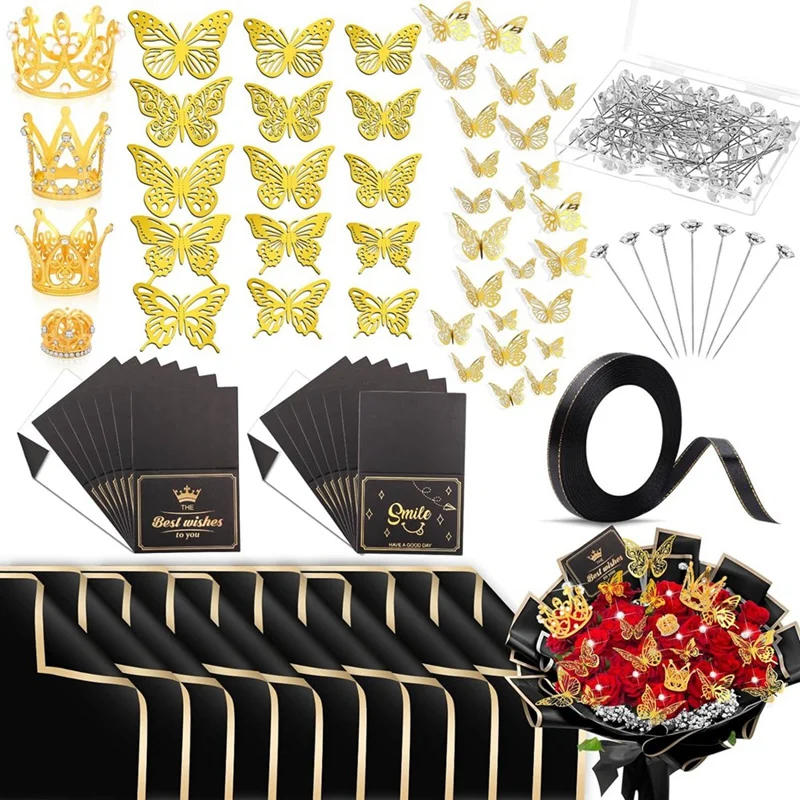 20 Sheets Bouquet Wrapping Paper Sheets Florist Wrapping Paper With Ribbon, 3D Butterfly And Crown