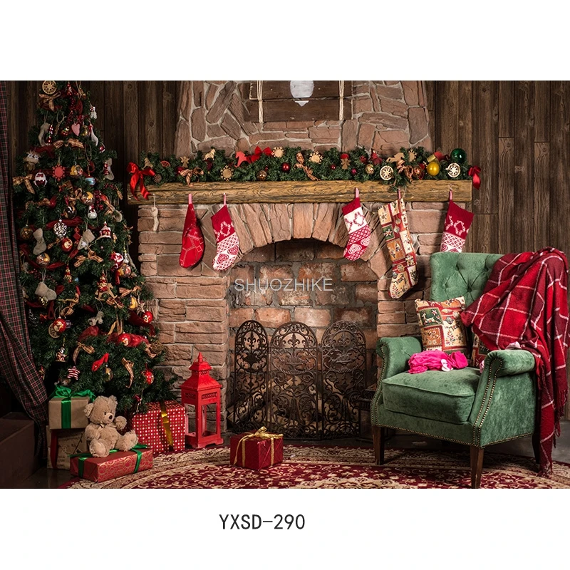SHUOZHIKE Weihnachten Indoor Thema Fotografie Hintergrund Weihnachtsbaum Kamin Kinder Für Foto Kulissen YXSD-10