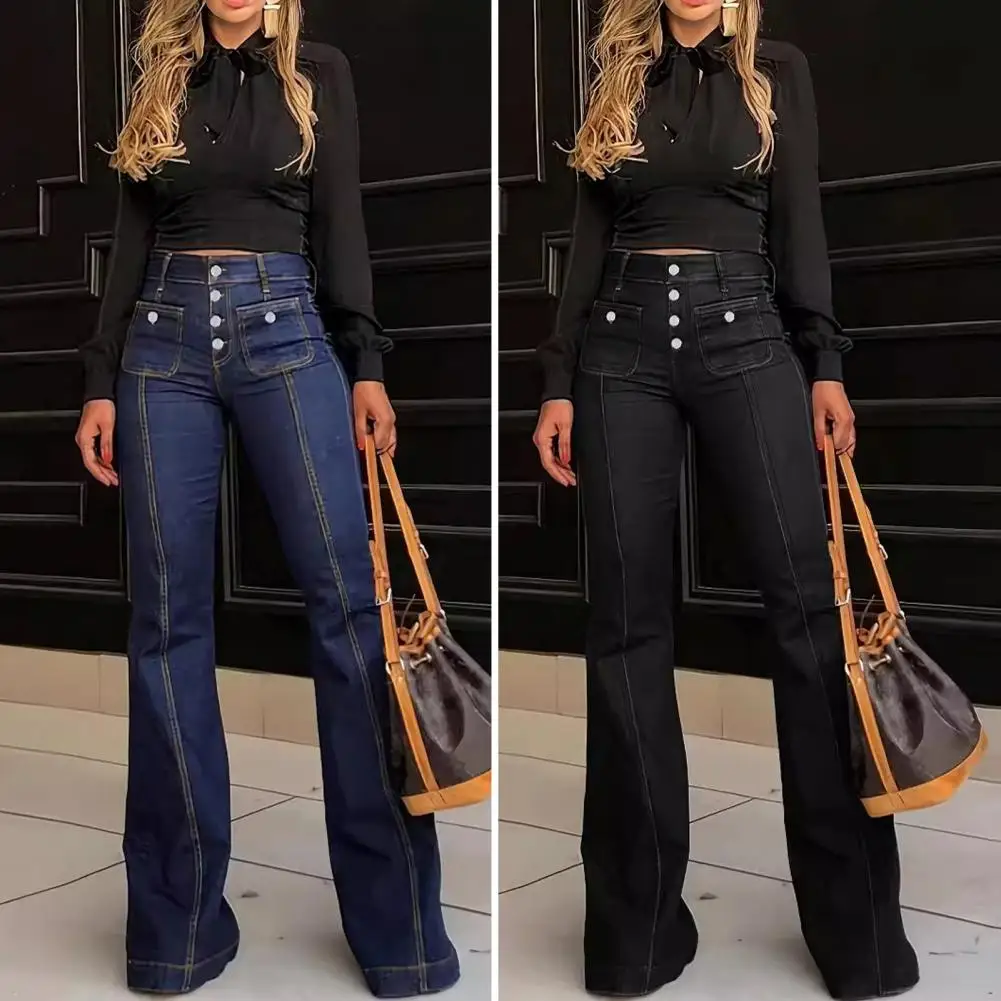 

High-waisted Denim Jeans Stylish High Waist Flared Hem Jeans with Multiple Pockets Women's Slim Fit Denim Pants for Streetwear