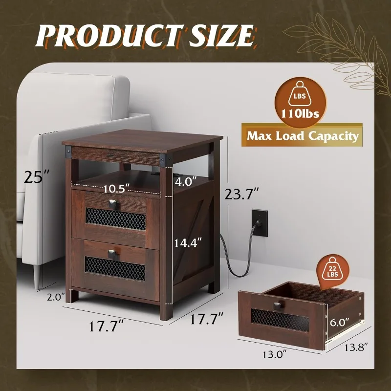 Table with Charging Station, Farmhouse End Table, Bed Side Table with 2 Mesh Drawers Storage & Open Shelf, Rustic Woo