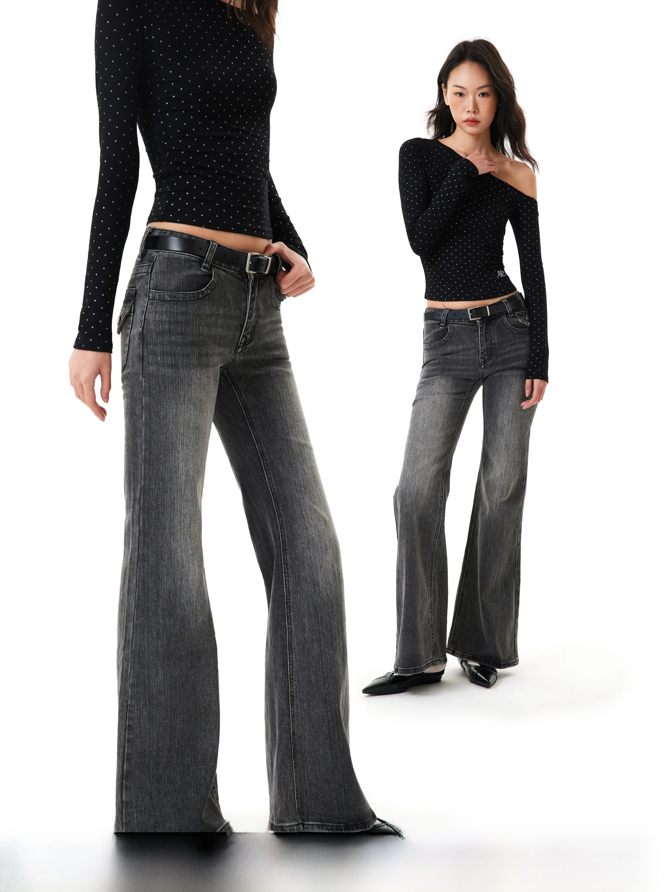 

GOGOBURN American Retro Washed Grey Low Waist Flared Jeans Women's Slimming Wide Leg Pants Spring Season Denim Skinnies