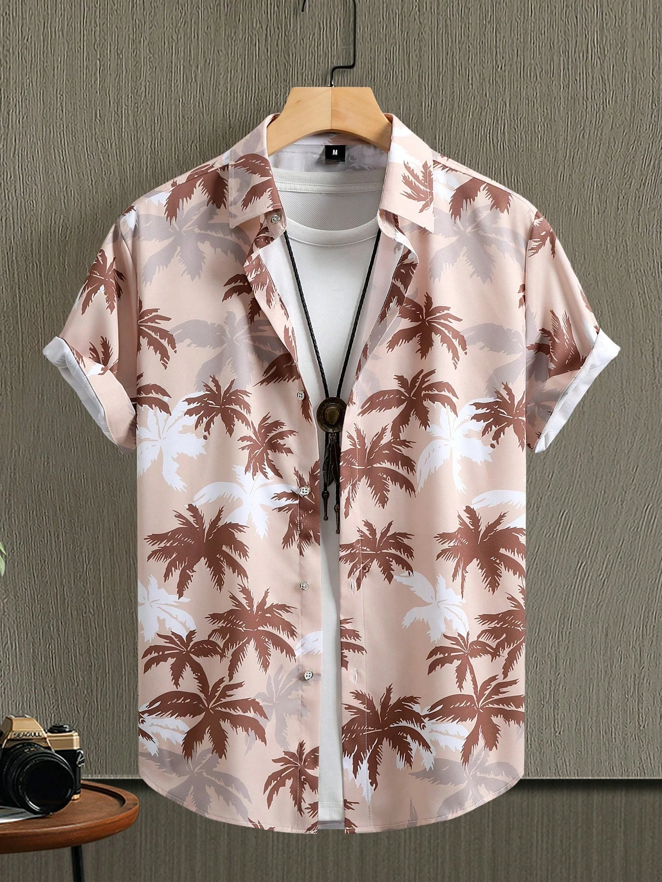 2026 Hawaiian Tropical Palm Print Short-Sleeve Shirt Lightweight Men's Plus Size Button-Down Collar Vacation Shirt