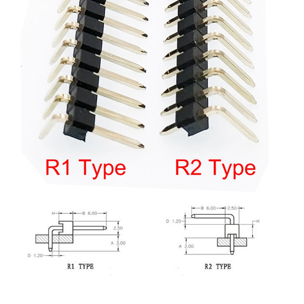 100pcs 2.54mm Single Row Breakable 1X40P Right Angle R1 R2 SMT Board Spacer Gold-plate  Male PCB Pin Header Strip Connector