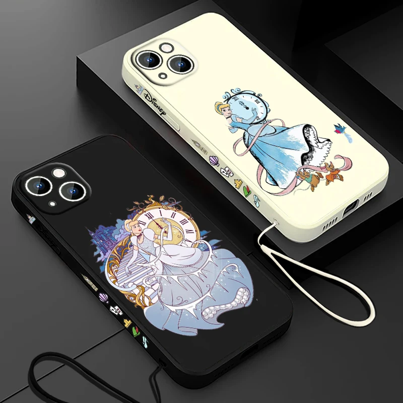 Cinderella Disney Princess Phone Case For Apple iPhone 15 14 13 12 11 Pro Max Plus 8 7 SE Liquid Left Rope Capa Cover