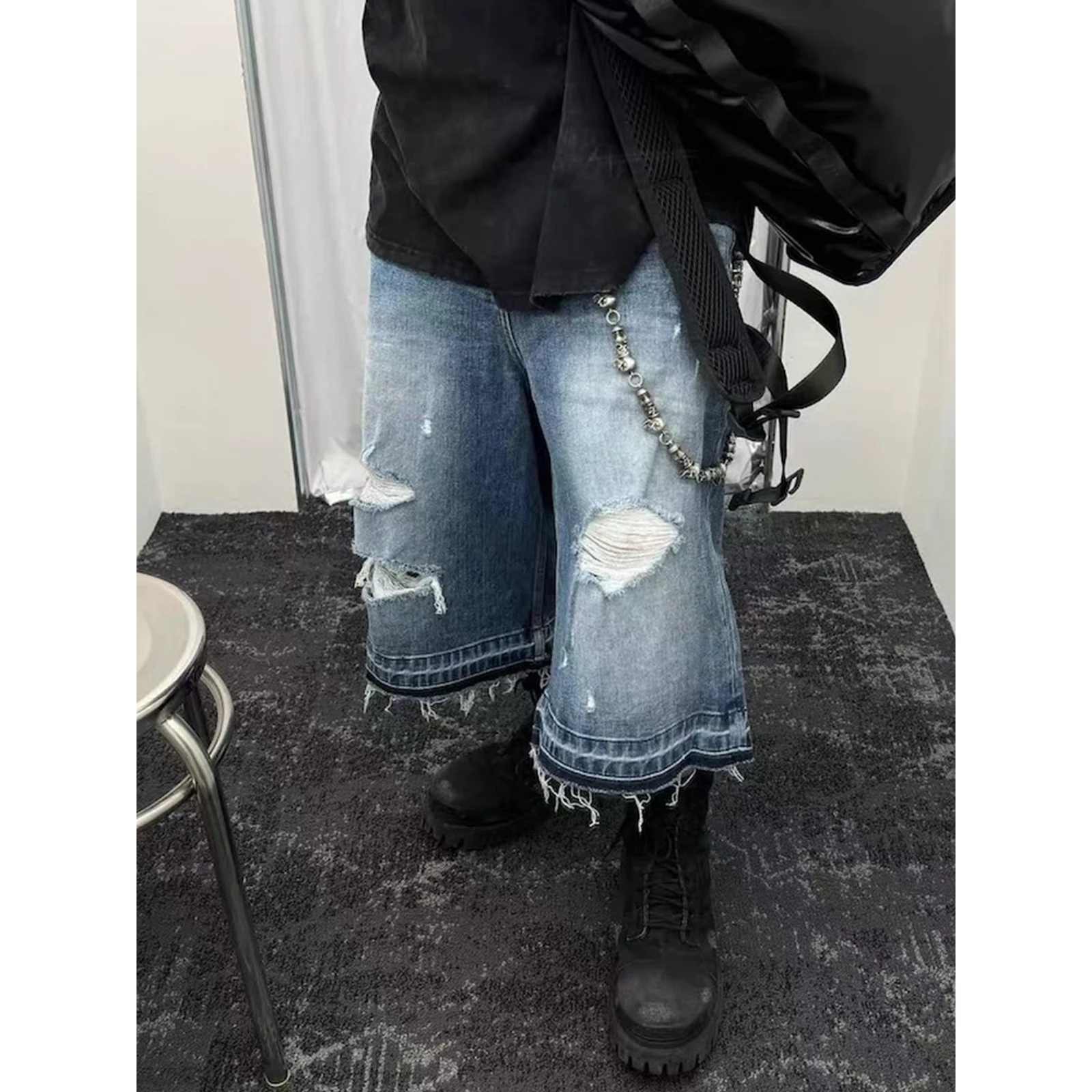 

Firmranch Loose Ripped Jorts With Denim Cropped Pants For Men Women Retro Wash Old Blue Shorts Jeans Spring/Summer Streetwear
