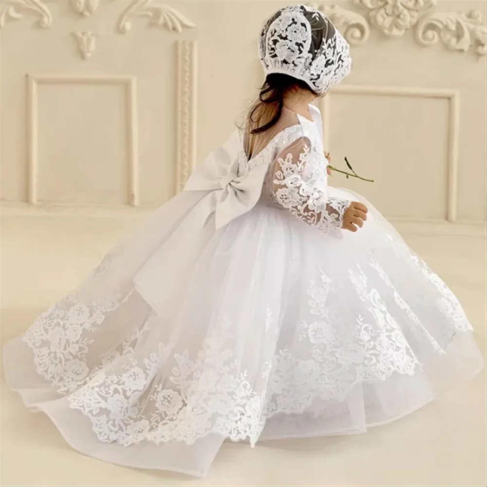 Customized Elegant Flower Girl Wedding Dress Appliques Lace with Bow Princess Birthday Party First Communion Baptism Ball Gown