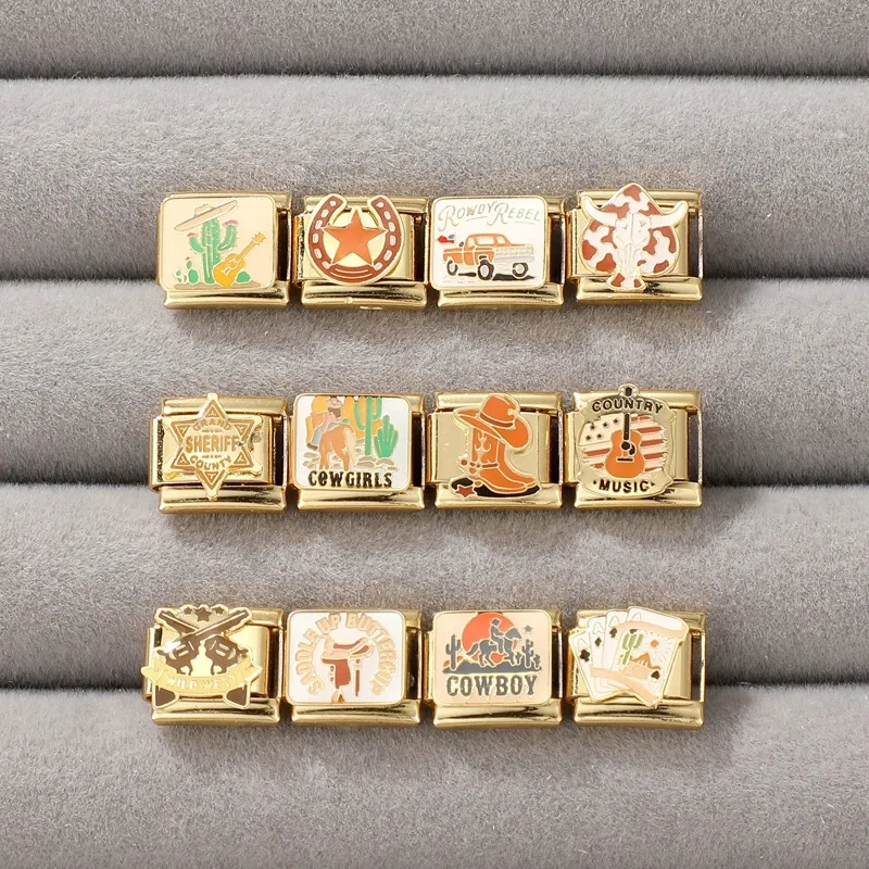 2026 New Golden Cowboy Horse Cowgirls Boots Hat Guitar Star Car Italian Charm Fit 9mm Stainless Steel Bracelet Jewelry DIY Gifts