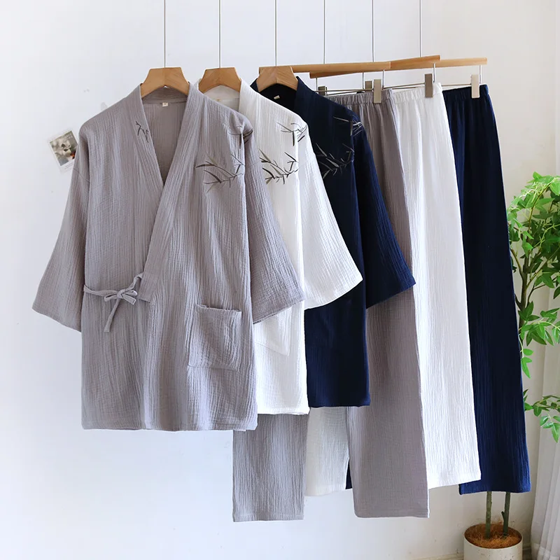 Embroidery Design Lace Up Kimono Robes with Long Pants 2 Pcs Pajamas Set for Men's Cotton Thin Large Size Pijama Masculino