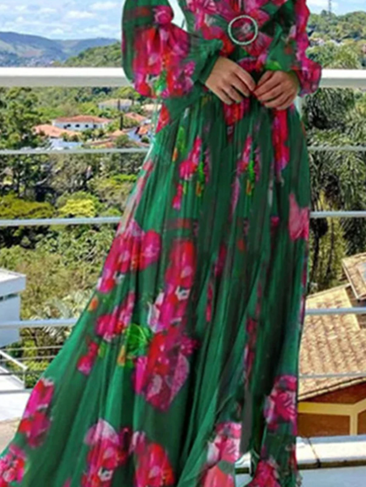 Vintage Floral Print Elegant Dress Puff Sleeve V-Necl Slim Boho Casual Cutout Spring Plus Size Long Dresses for Women 2024