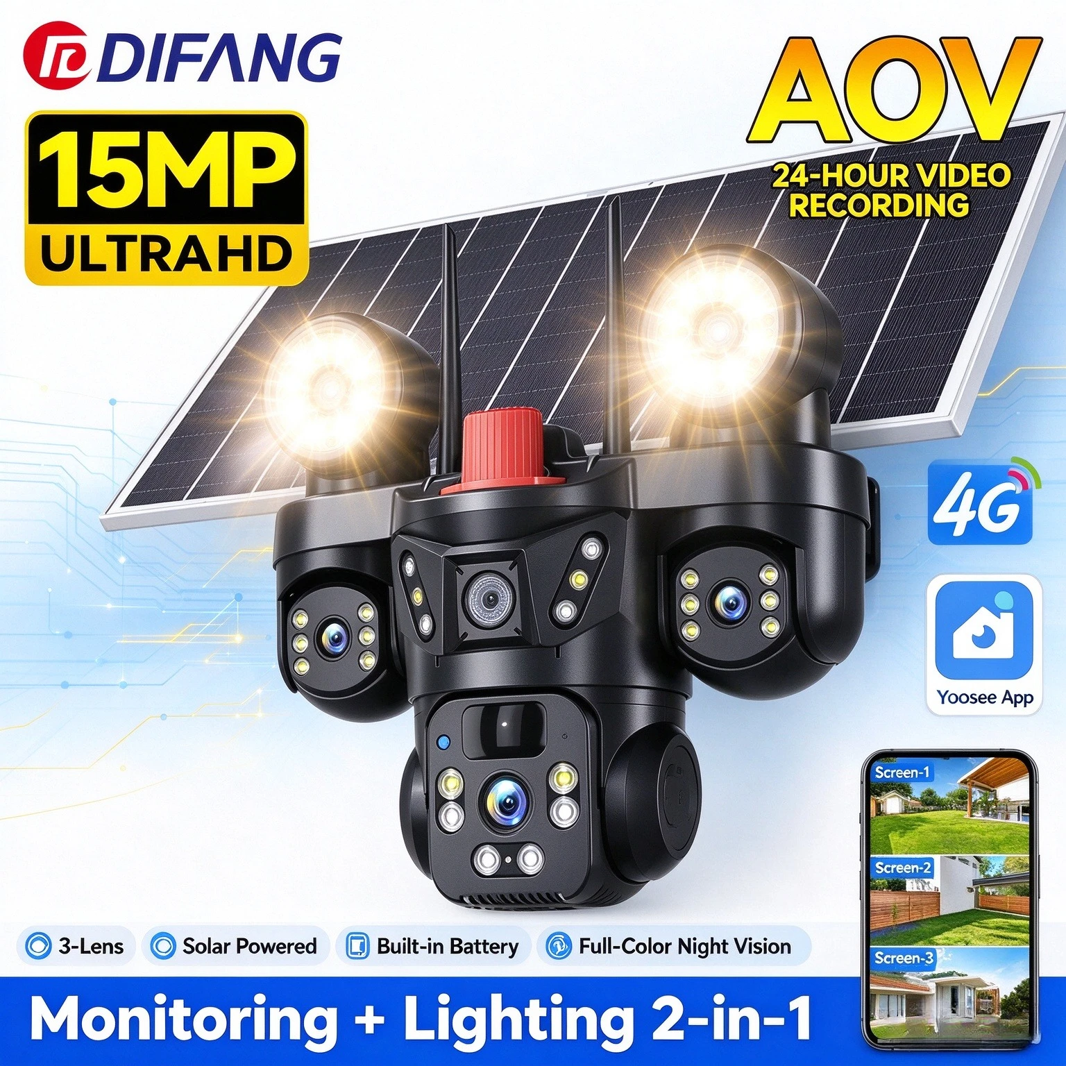 Wireless Yoosee 4G Sim Solar Camera 15MP 3 Screen 360° PTZ CCTV 2 in 1 Lighting Outdoor Solar Security Camera Yoosee