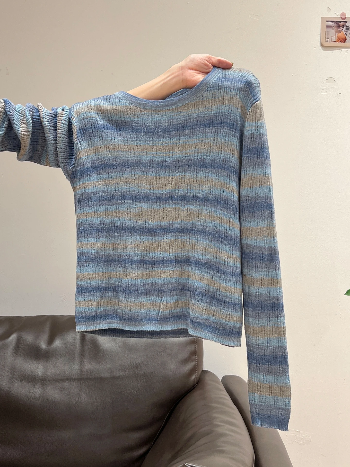 Suéter de punto largo a rayas Ne redondo azul para mujer, Top con Base de Color ahuecado para principios de otoño, Ci Walk Sle