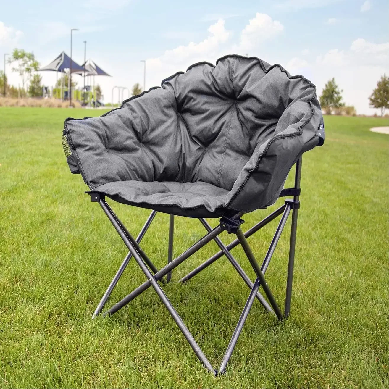 Padded Cushion Outdoor Folding Lounge Patio Club Chair, Gray