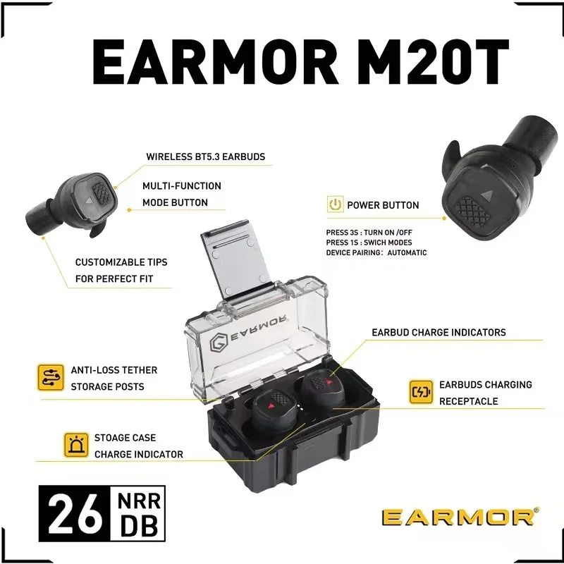 EARMOR Electronic Bluetooth Earbuds M20T Anti-Noise Headphones Tactical Shooting Earbuds Sergeant Protective Ear Defenders