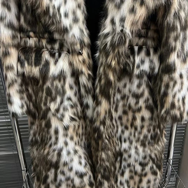 KBQ Colorblock Leopard Printting Temperament Long Trench For Women Lapel Long Sleeve Spliced Feathers Chic Coats Female Fashion