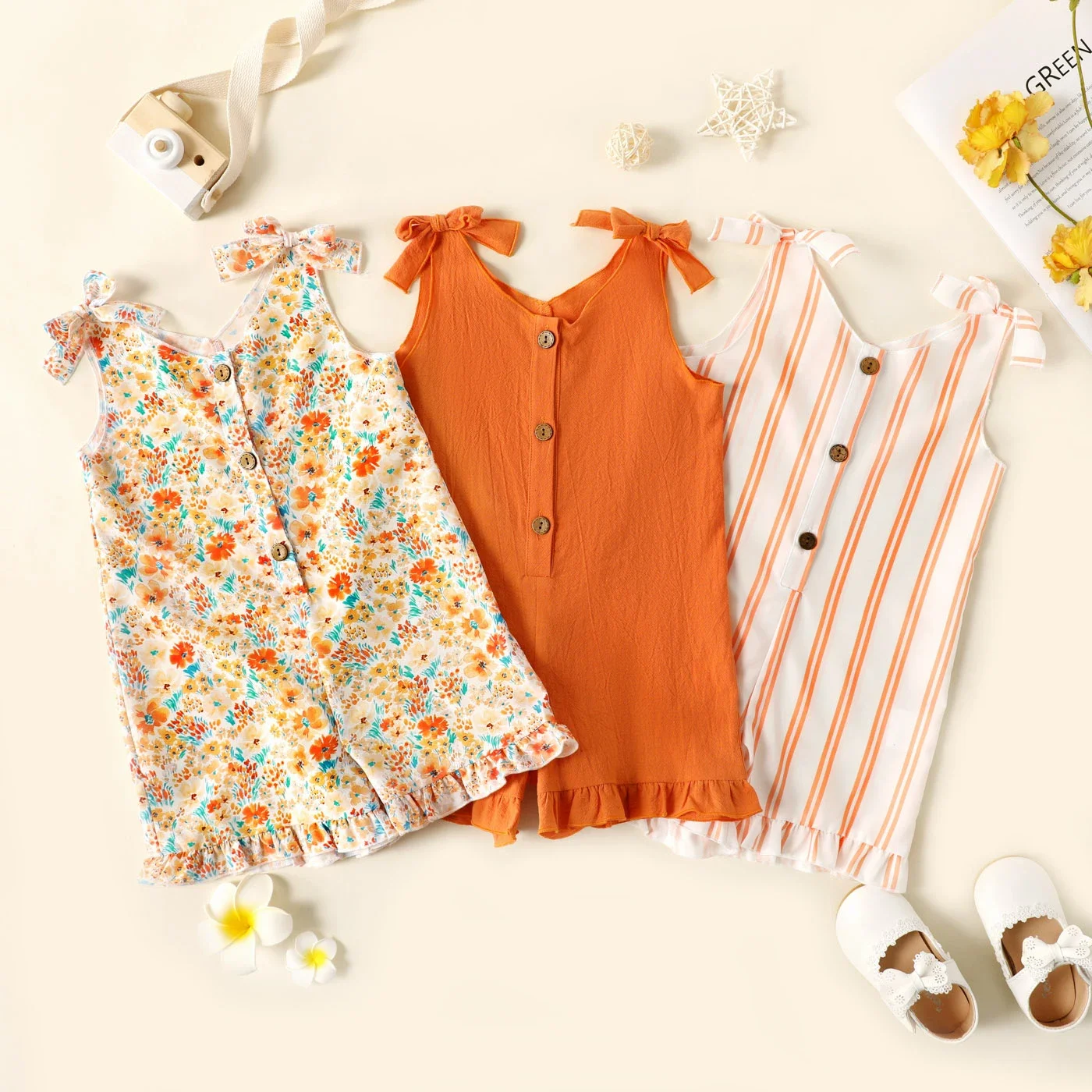 PatPat Toddler Girl Floral Print/Stripe/Orange Button Design Ruffled Cuff Bowknot Strap Romper Jumpsuit Shorts