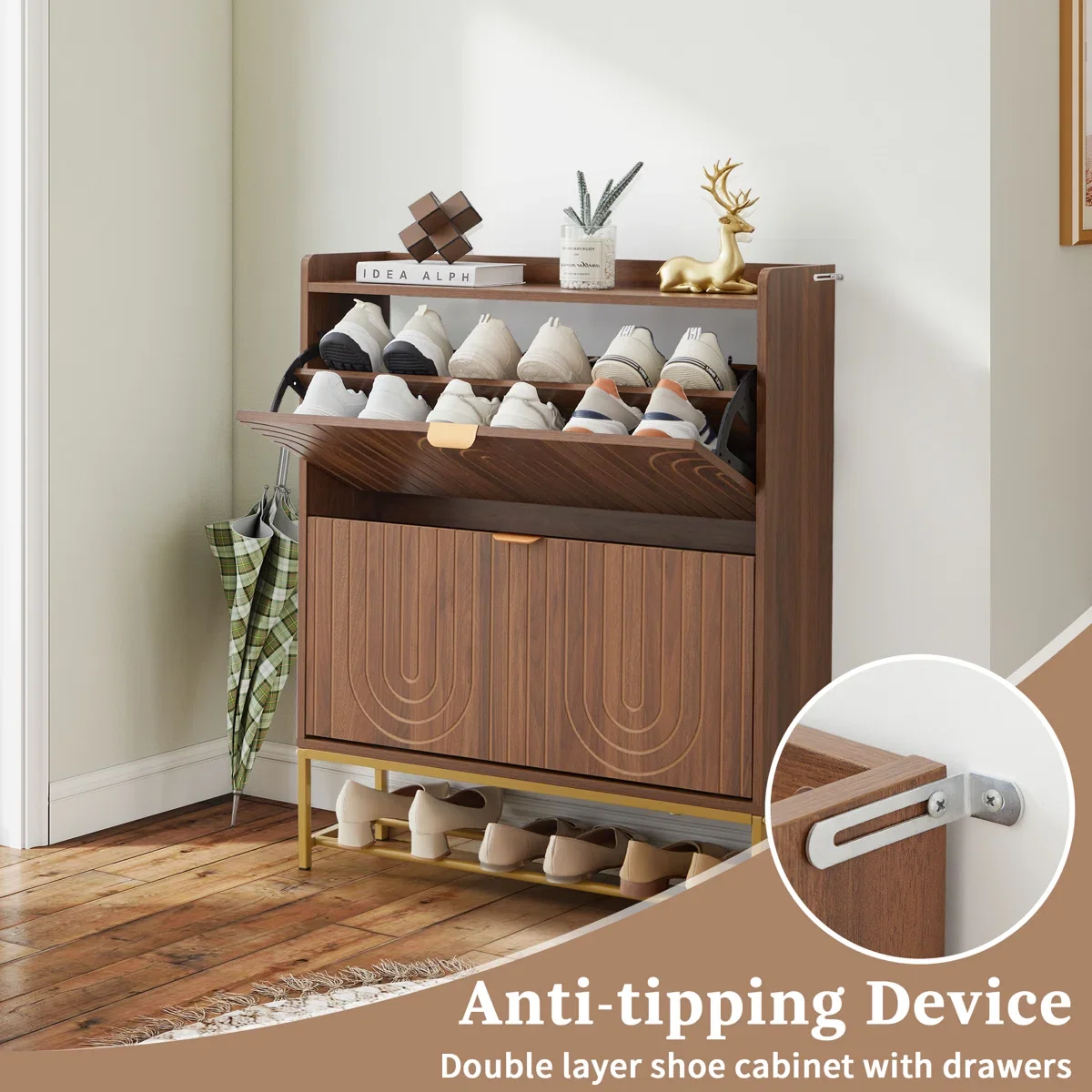 xx-Modern Carved Line Design Wood Shoe Cabinet 2 Flip Drawers Fence on Top Wood Shoe Cabinet Iron Bottom Storage Wood Shoe Rack*