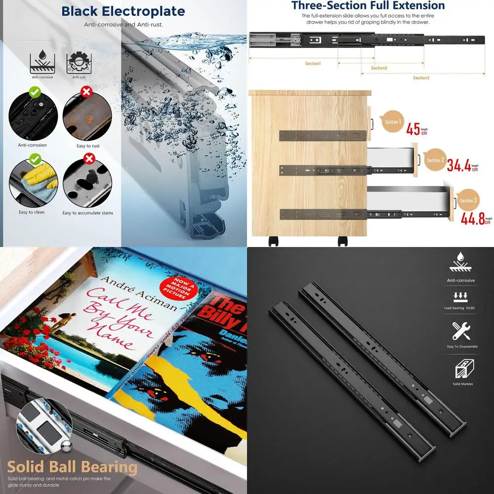 

10 Pack 18 Soft Close Drawer Slides - 5 Pairs, Black, Ball Bearing, Side Mount Extension Glides