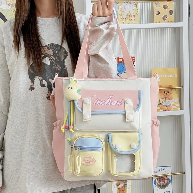 

Cute Colorblock Multi-Pocket Tote Crossbody Bag, Casual Daily Carry All for Teen Girls and Young Women, for School Classes