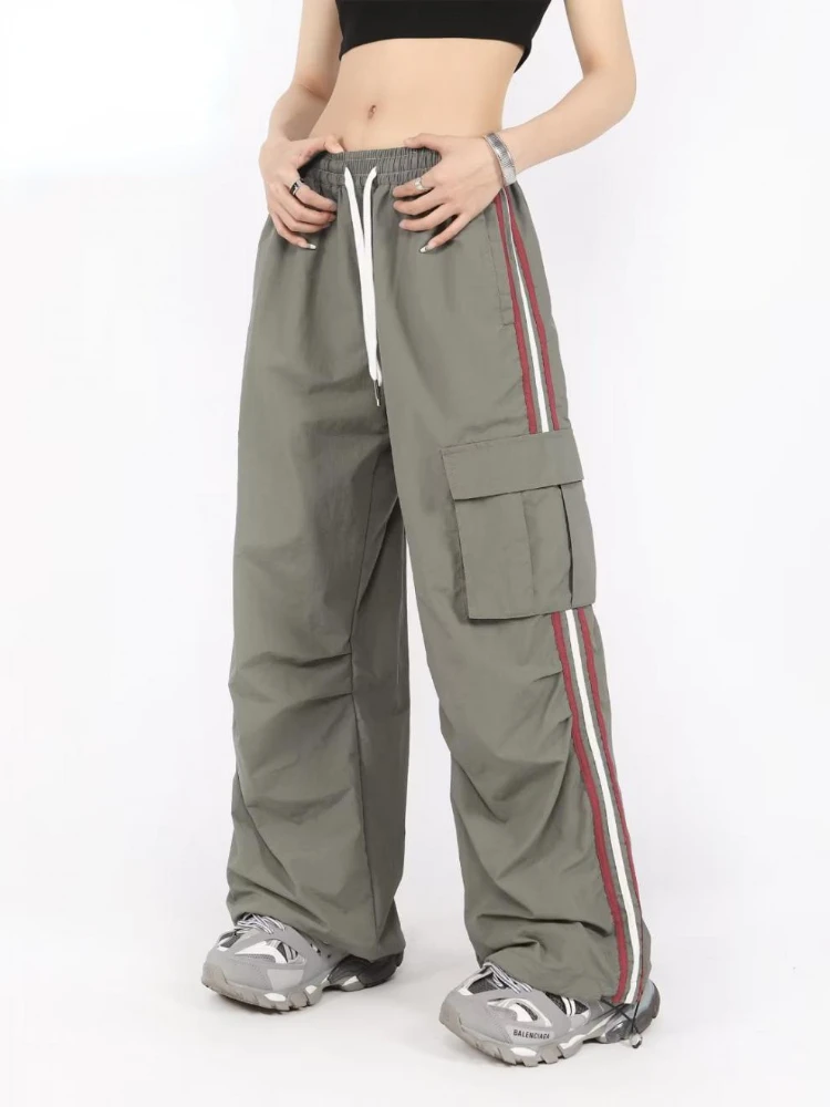 QWEEK Y2K Cargo Pants Women Baggy Vintage High Waist Stripe Sweatpants Casual Loose Drawstring Parachute Wide Leg Jogger Pants