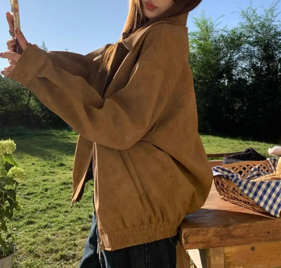 Casual Lapel Full Sleeve Loose Pockets Female Solid Jackets Vintage Long Sleeve Pockets Women Zipper Up Basic Coats