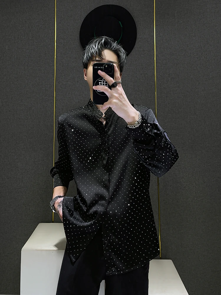 

Loose Fit Long Sve Men's irt Sparkling Rhinestones Design Casual Street Sle Spring Faion Youth Trend Spring Autumn