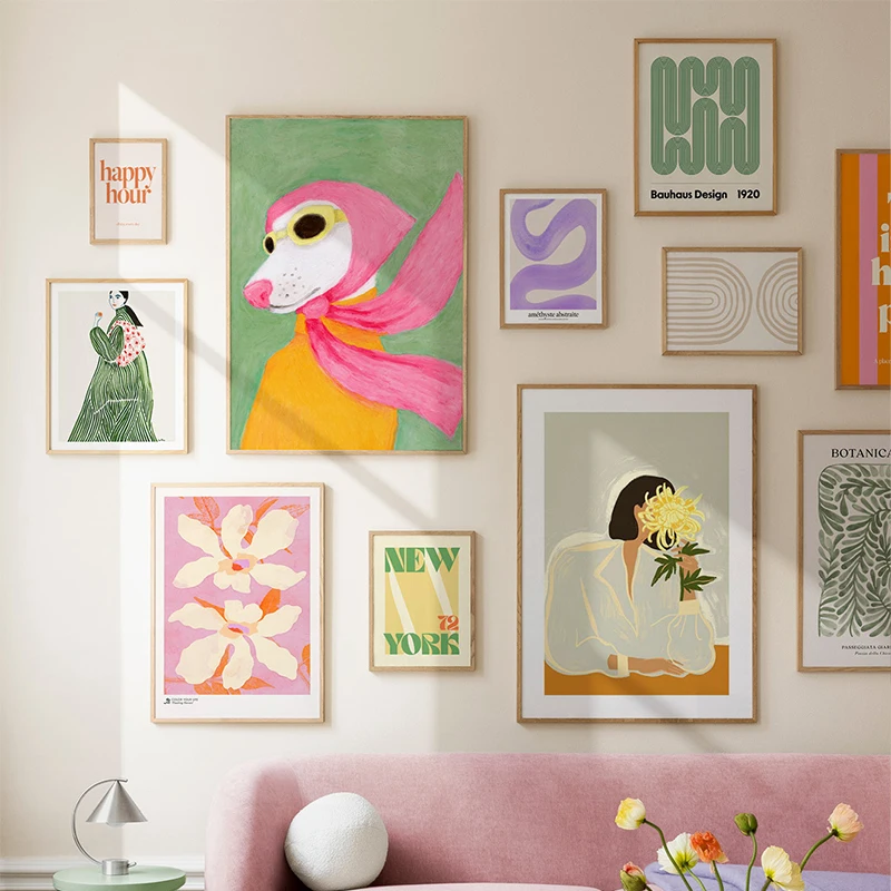 Mode-Mädchen Hund Blume Grünpflanze Abstrakte Linienkunst Druck Poster Leinwandgemälde Hotel Bar Dekoratives Bild Wandbild Wohnzimmer