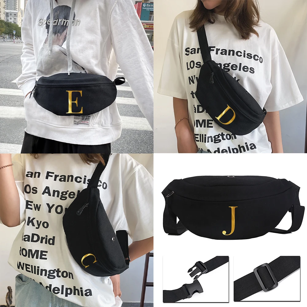 Multi Functional Fashionable Neutral Waist Bag with Gold Letter Printed Pattern Basic Fitness Shoulder Bag Bicycle Bag