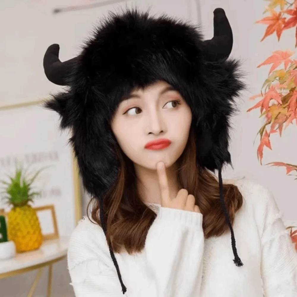 Fashion Solid Color Ox Horn Hat Fur Trim Thickened Demon Ear Protection Hat Warm Fluffy Lei Feng Cap Riding