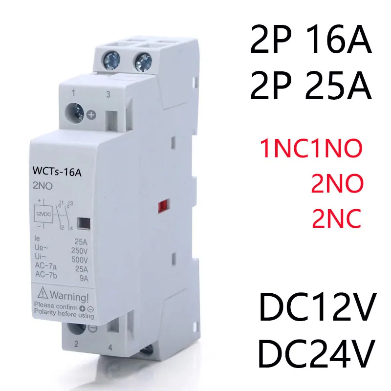 WCTs-25A DC Contactor DC24V 2P  16A 25A 2NO 1NO1NC  DC12V DC24V  Automatic Householdr Contactor Din Rail Type