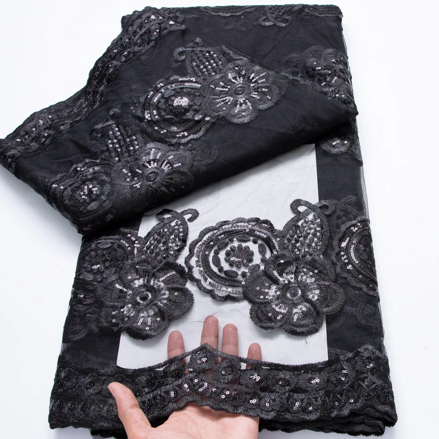 Black African Tulle Lace Fabric 2026 High Quality Nigerian Luxury Sequins Mesh Lace Fabric 5 Yard Wedding Dress for Women Sewing