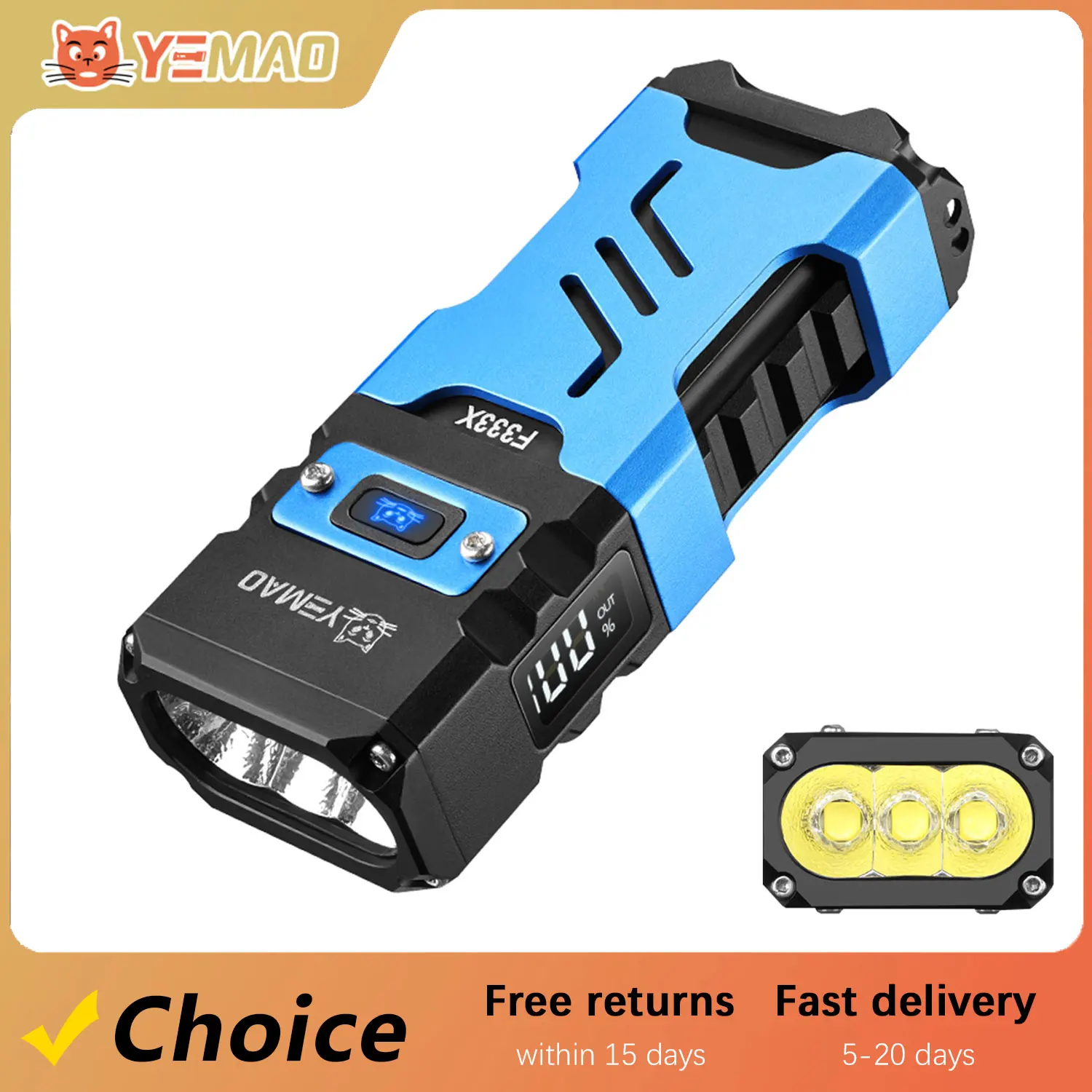 

YEMAO F333X 5000 Lumens Tactical Flashlight - Triple P50 LEDs, Magnetic Base, Power Display & Durable Aluminum EDC Torch