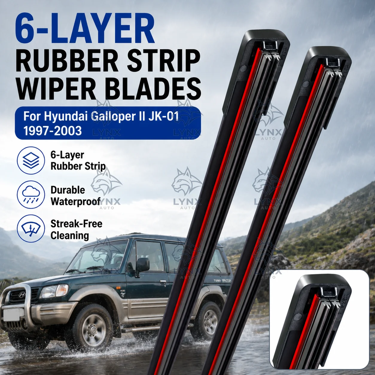 6-Layer Rubber Strip Windshield Wiper Blade Front For Hyundai Galloper II JK-01 1997-2003 Durable Waterproof Auto Parts