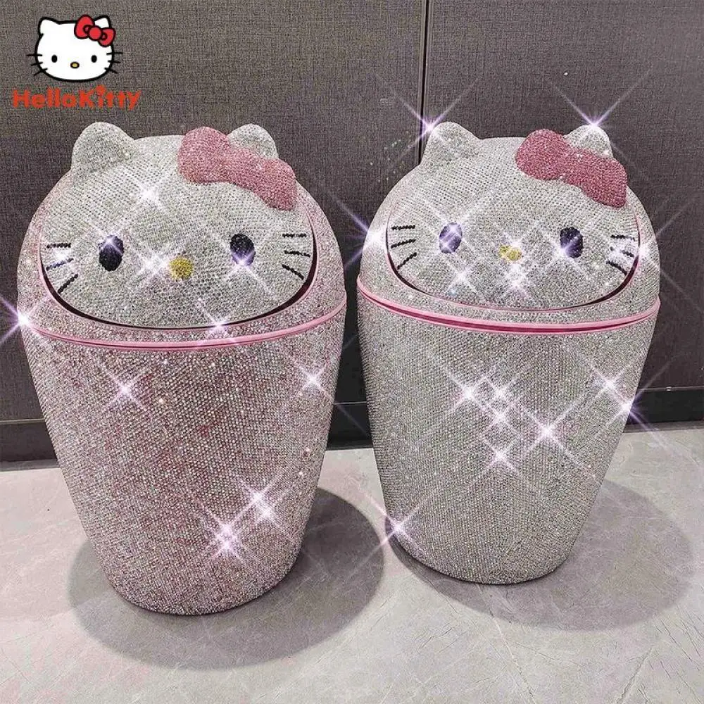 

Sanrioed Hello Kitty Diamond Trash Can Anime Kawaii Festival Upscale Gift Mosaic Full Diamond Cartoon with Cover Bedroom Office