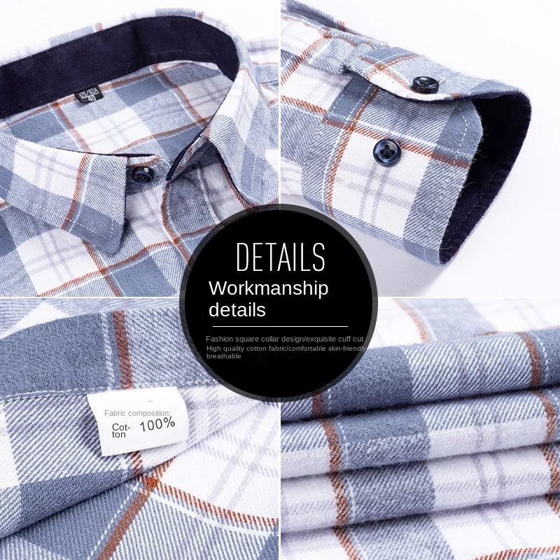 New Flannel Plaid Shirts for Men Spring Autumn Fashion 100% Cotton Standard Fit England Style Casual Checkered Large Size6XL 5XL