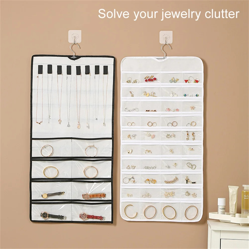 48 Grid Hanging Jewelry Organizer Necklace Bracket Anti Tangle Earring Hook With Pocket Hanging On Closet Wall Dustproof Storage