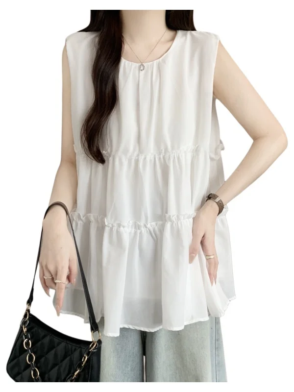 プラスサイズ ホワイトウッド風 フリルベスト レディース 夏用 ラウンドネック ドール風 お腹カバートップ