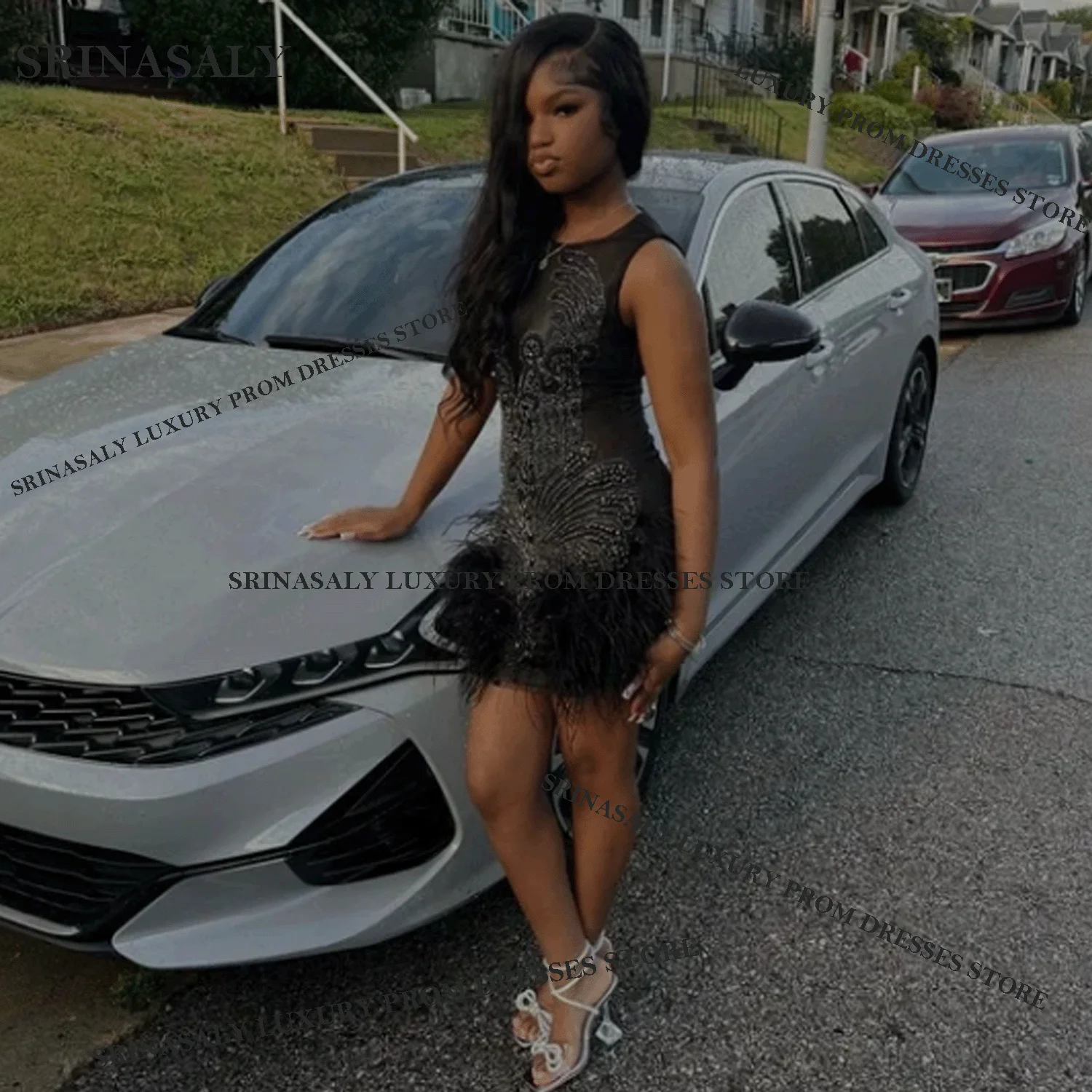 Elegant Formal Diamond Short Prom Dress Customized With Tail Birthday Party Dress Mini Homecoming Cocktail Dress For Black Girls