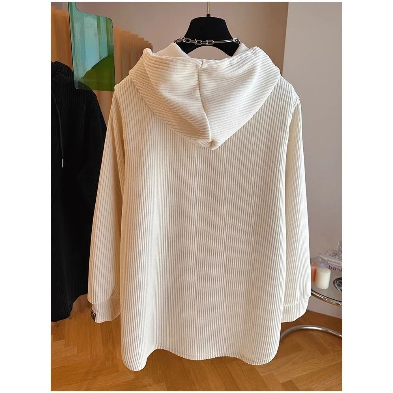 Large Size Corduroy Autumn Winter Hooded Sweater for Women Inner Layering Slimming Long Sleeved Loose and Versatile Pullover Top