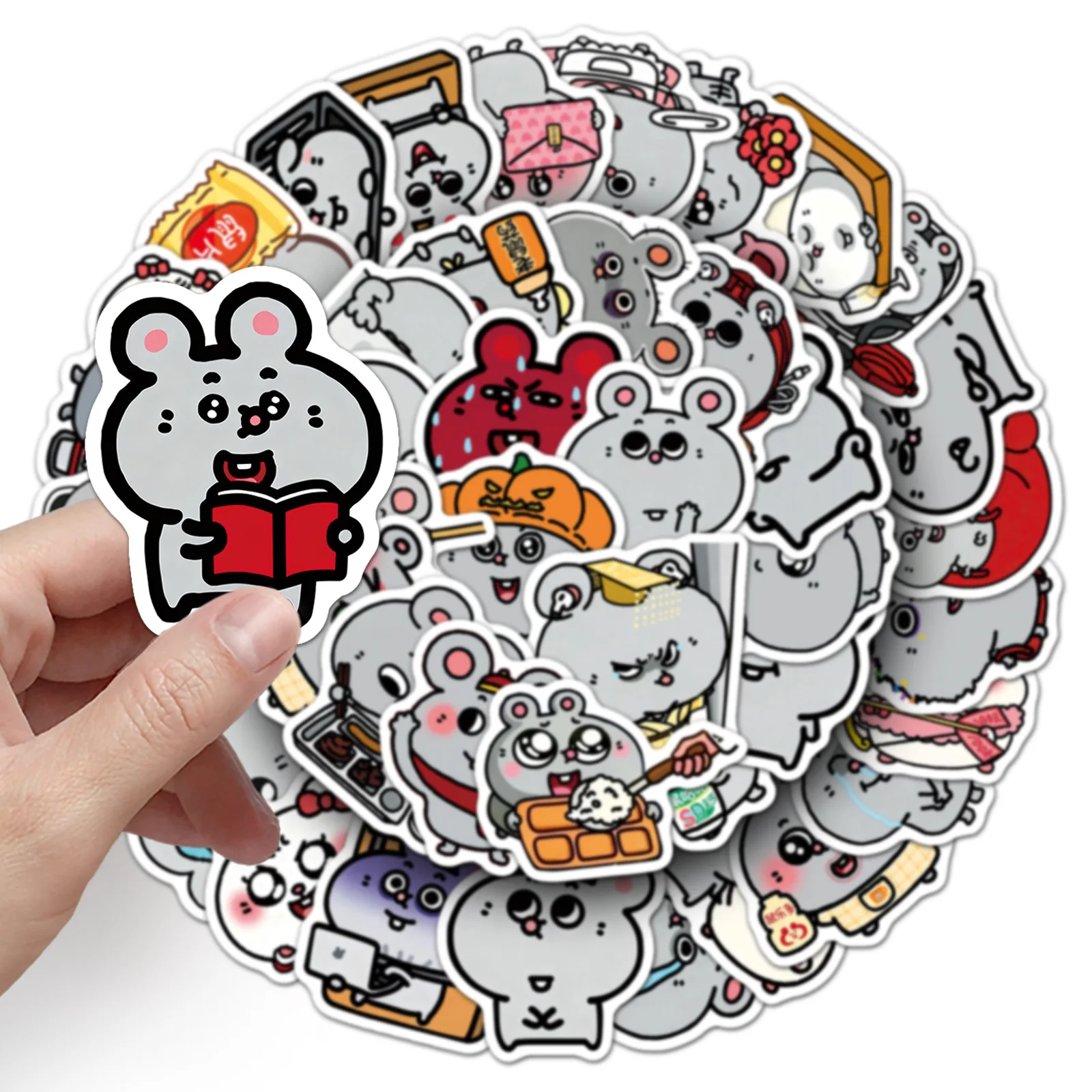 

50 cute cartoon animal stickers featuring Meiji and rats, decorated with thermos, refrigerator, guitar, and water bottle