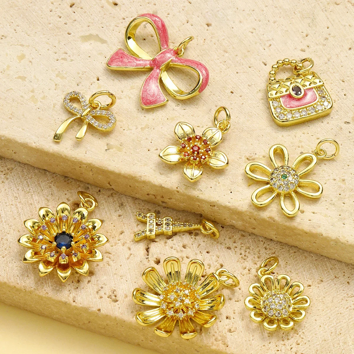 3pcs/Lot Copper Cubic Zircon Daisy Sunflower Diy Charms Women Bow Knot Bag Necklace Pendant Eiffel Tower Jewelry Wholesale