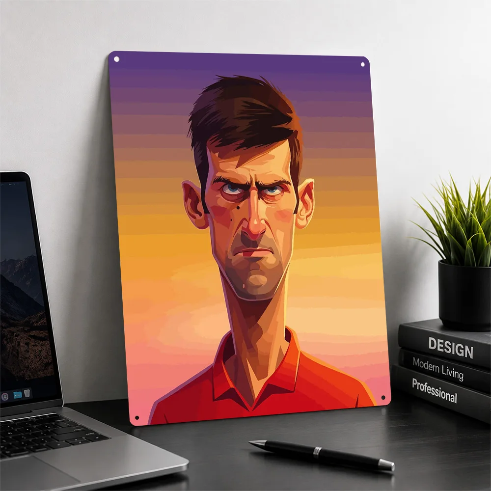 Caricature Portrait of Novak Djokovic Metal Poster Perfect Gift for Fans Lovers Personalized Wall Art Metal Sign for Room Decor