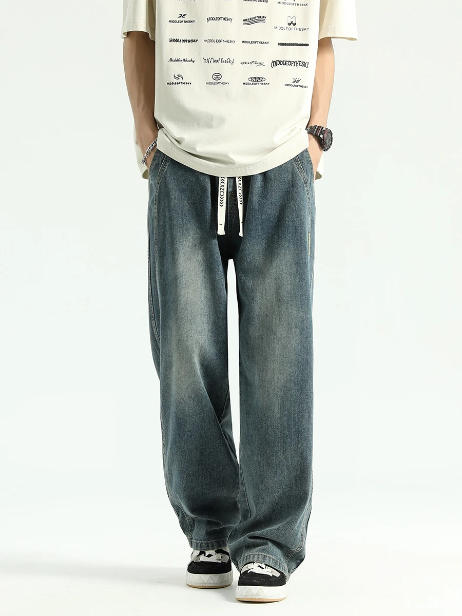 

Boyue Loose Straight Leg Men's Casual Jeans Elastic Waist Dstring Color Blo American Retro Long Pants Youth Faion