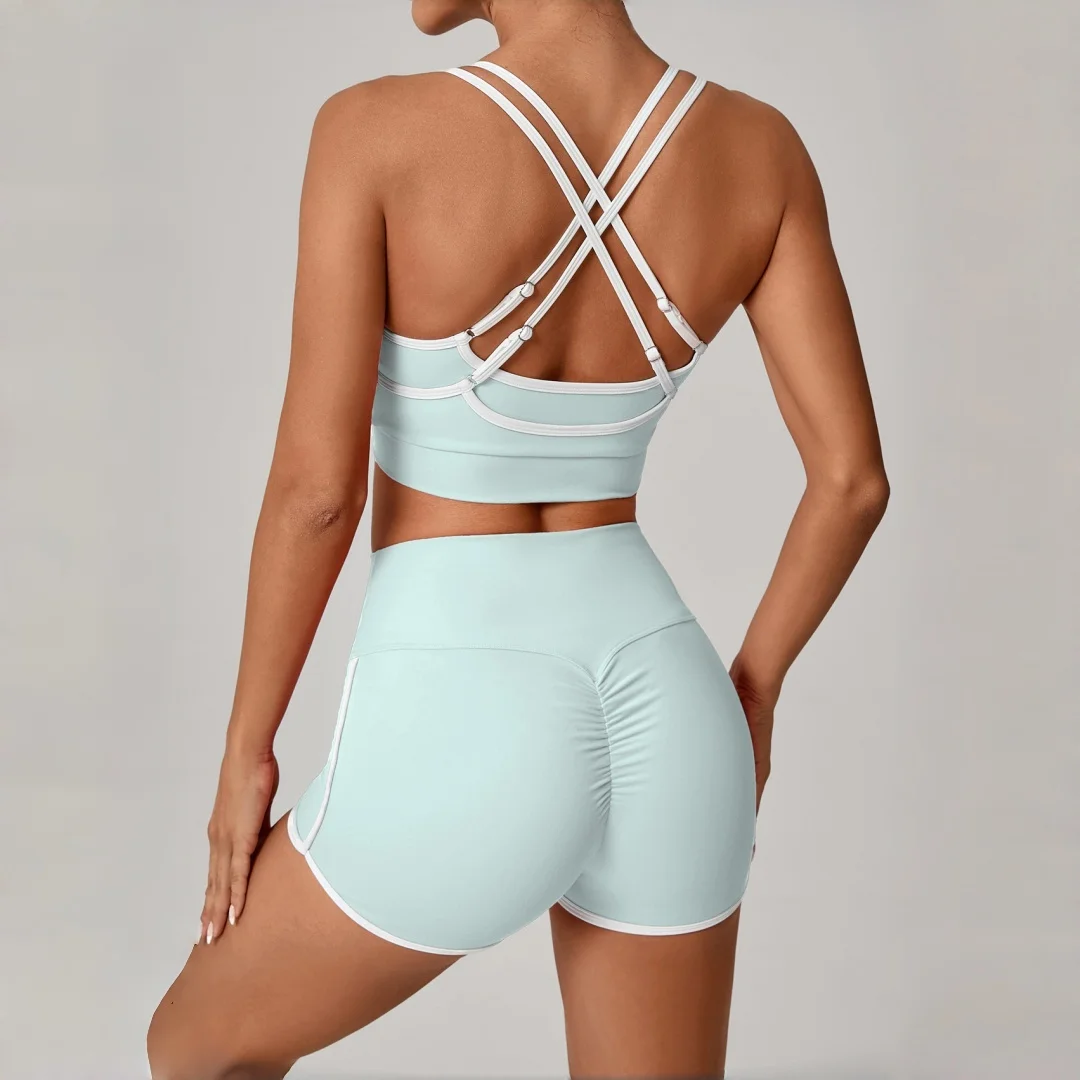 

Fitness Hip-Lifting Sports Bra Shorts Two-Piece Set Tight Color-Block Backless Yoga Sets Running Workout Clothes Gym Tracksuit