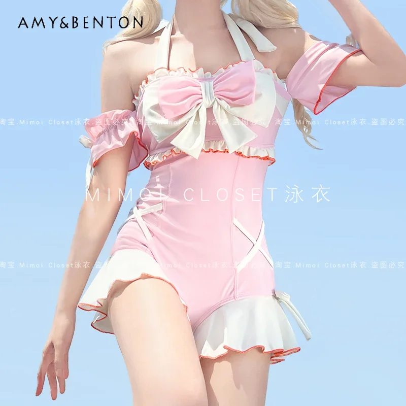 

Summer New Japanese Style Pink Macaron Lolita One Piece Swimsuit Women Sweet Cute Bow Ruffle Edge Suspender Swimwear Students