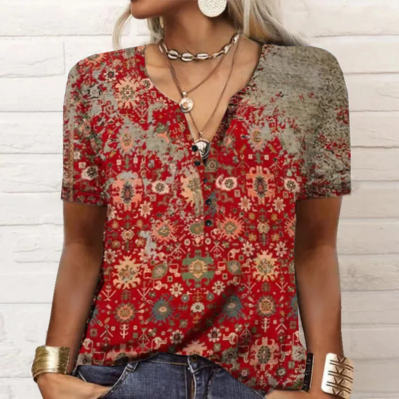 Button V-Neck Women Blouses Fashion Graphic Print Shirts Summer Short Sleeve Tops Oversized Blouse Harajuku Female Clothes y2k