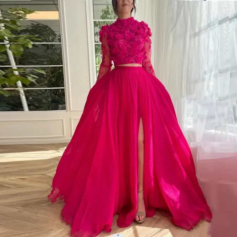 

Fairy Floral Prom Gowns Long Sleeves 2 Pieces Lush Prom Gown Applique Mesh Split A Line Party Dress for Women robe de soiree