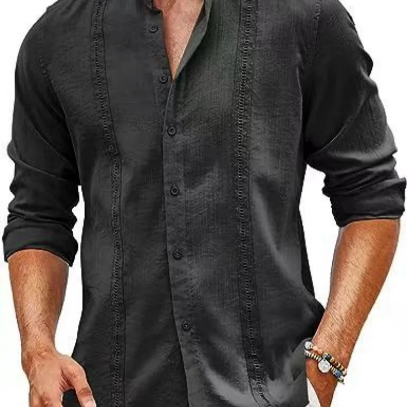 Chemise boutonnée en lin de style cubain pour hommes, chemise décontractée, coton chanvre, vacances de plage, col montant, ample, été, nouveau, mode