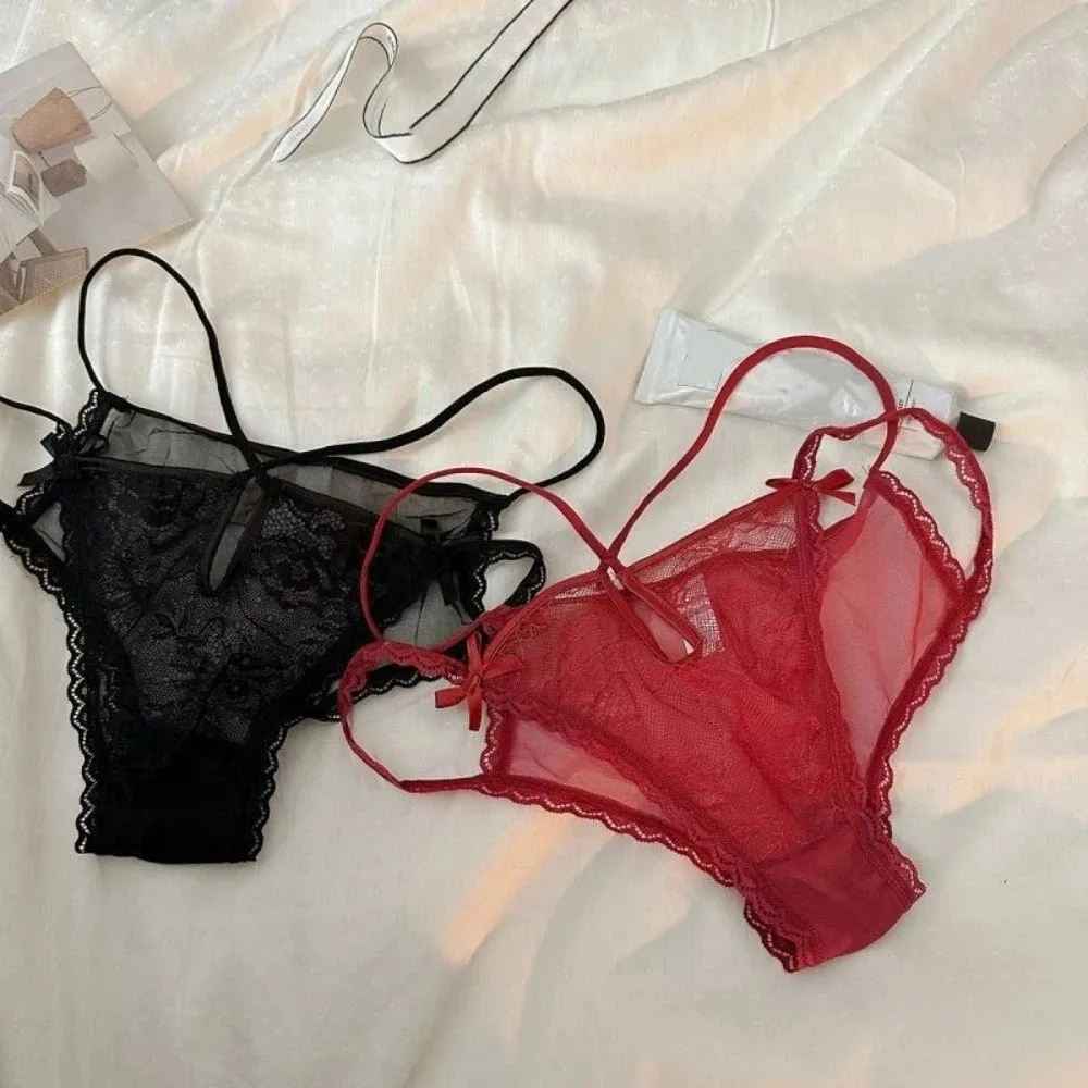 

Sweet Bow Lace Flower Panties Low Waist Transparent French Style Briefs Hollow Thin Strap Lace Mesh Briefs Gifts